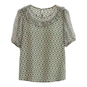 Geometric Pattern Lace Trim Loose Short Sleeve Chiffon Top