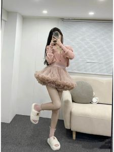 ฤดูใบไม้ผลิ 2023 ตูตูครึ่ง กระโปรง เต็ม ผ้าทูลล์ สูง เอว อ้วน มินิเดรส รุนแรงบวมขนาดเล็กสีชานม ผู้หญิง กระโปรง S