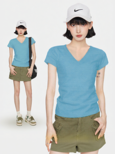 QIAOJIAOYA | Blue V-Neck Slim Fit T-Shirt