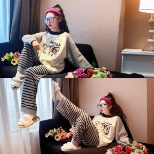 Girls Pure Cotton Thickened Sleepwear Set Autumn Winter Home Clothes Long Sleeve round Neck Comfortable Breathable Kids Home Suit