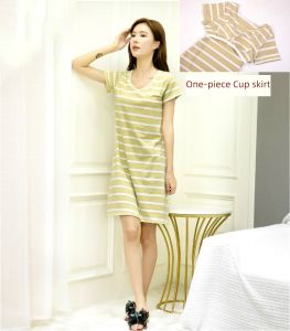 Womens Summer Pure Cotton with Chest Pad Wireless Nightdress Bra-Free Cup One-Piece Half Sleeve Home Wear Dress Can Be Outwear