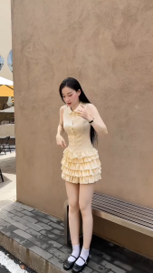 Đầm không tay tiểu thư đầm dự tiệc dễ thương váy công sở chất Cotton Lạnh sát nách nút bọc năm tầng cổ sen dáng ngắn