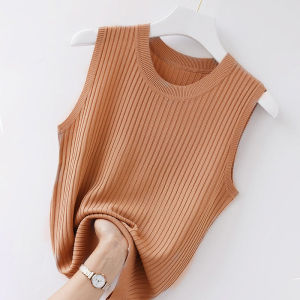 Summer New round Neck Vest Womens Wide Shoulder Strap Easiest for Match Ice Silk Thin Inner Match Sleeveless Knitting Pure Color Outerwear Top