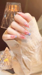 Manikur mata kucing oranye muda warna cahaya bintang galaksi berlian pecah sederhana dan elegan fake nail kuku palsu + lem nail art