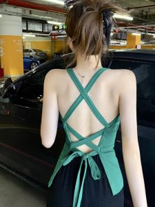 Áo Ba Lỗ Hở Lưng Chéo Mùa Hè Cho Nữ Áo Vest Bó Sát Chất Liệu Cotton Dáng Ôm Vừa Vặn Màu Trơn Phong Cách Công Sở