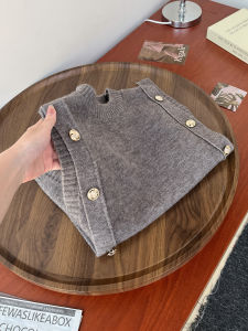 QINGNAER | Vintage and Stylish Metal Button Grey Round Neck Sweater Vest