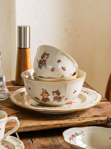 April Rice Bowl Ceramic Dining Bowl High Temperature Resistant European Style Retro Cute Small Bowl round Shape Cartoon Pattern