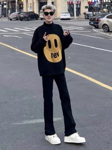 กางเกงยีนส์ทรงหลวมเอวสูงสีดำแท้สำหรับผู้ชาย กางเกงขายาวทรงตรงทรงเข้ารูป ทรงขากระบอกเล็ก สไตล์ฮิปฮอปสตรีทสไตล์อเมริกัน