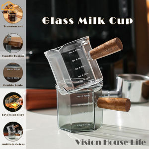 Vision 4oz/120ml Espresso Shot Glass Double Spouts Coffee Glass with Wood Handle Measuring Milk Creamer Pitcher Mini Coffee Measuring Cup Milk Prismatic Glass Espresso Pouring Cup