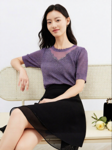 Koradior | Spring Commuter Round Neck Knitted Shirt with Wood Ear Trim