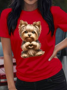 Yorkie Puppy Heart Womens Tee - Cute Dog Graphic Adorable Pet Print for Casual Daily Wear