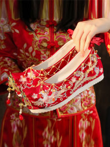 Elegant Red Hanfu Wedding Shoes for Women Embroidered Tassel Flats Traditional Chinese Bride Shoes Cotton Lined mid Heel