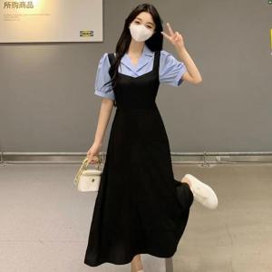 Summer 2024 plus Size Slimming A-Line Dress with Belt Color Block Design Polo Collar Polyester Fiber Midi Skirt for Plump Sister