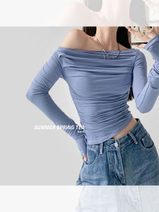 Summer Spring Tea Pure Desire Elegant Ruched off-Shoulder Diagonal Collar Bottoming Shirt Fancy Collarbone off-Shoulder Tops Female Autumn T-shirt