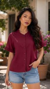 MEGAN RUFFLE BLOUSE Button down Korean Style Cotton Linen Blouse Freesize