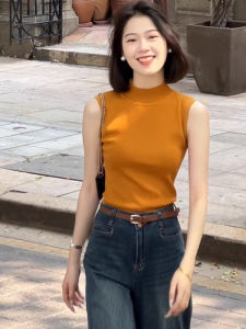 BINKAFENNY | เสื้อยืดถักคอสูงครึ่งตัวแขนกุดสีส้มสำหรับผู้หญิงในช่วงฤดูร้อน เสื้อตัวบนทรงเข้ารูปแบบหวานและเผ็ดร้อน