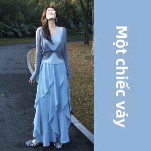 NIUVIES | Đầm Midi Màu Xanh Pháp Elegance Bộ Thu