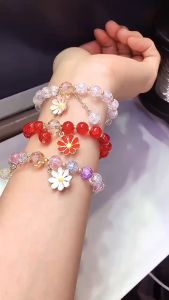 【Pharaoh🎀COD】Gelang merah muda stroberi bunga kristal / mode gelang saudara perempuan yang unik dan baik