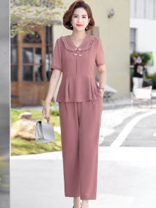 Fashionable Summer Outfit Set for Middle-Aged Mothers Polyester Fiber Short Sleeve Two-Piece Set Age-Defying T-Shirt And Pants