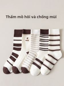 JINGCHI | Tất cotton thoáng khí cho nữ Tất thể thao chống mùi mùa xuân thu dài đến bắp chân Tất cotton thấm hút mồ hôi phong cách đơn giản
