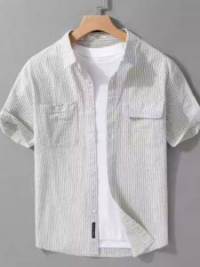 Casual Mens Short Sleeve Shirt Summer 2025 New Style Bubble Pattern Striped Workwear Shirt Versatile Loose Fit Youth Fashion