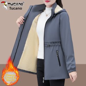TUCANO Womens Fleece Lined Jacket Coat Loose Fit Warm Hooded Windbreaker Top Fashionable Autumn Winter New Arrival