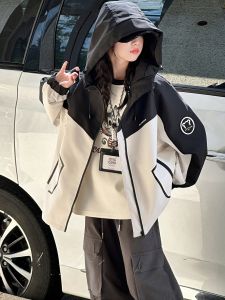 MPW | เสื้อแจ็คเก็ตผู้หญิงฤดูใบไม้ผลิและฤดูใบไม้ร่วงสไตล์เกาหลี แจ็คเก็ตผู้หญิงวัยกลางคนและโต แจ็คเก็ตผู้หญิงสีบล็อกแฟชั่น เสื้อคลุมกันลมแบบสวมหัว