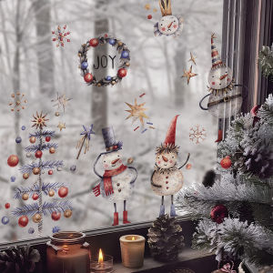 Nordic Style Christmas Snowman Illustration Static Glass Window Sticker for Tea Shop Living Room Decor Waterproof PVC Wall Decal