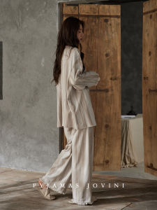 Qiaoweni Modal Cotton Sleepwear Womens Spring Autumn Long Sleeve Integrated Anti-Bulge Stripe Pants Set with Chest Pad