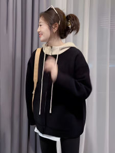 Áo Khoác Len Cardigan Dài Tay Nữ Dáng Rộng Có Mũ Trùm Đầu Màu Tương Phản Khóa Kéo Mùa Thu Đông Phong Cách Mới Thường Ngày