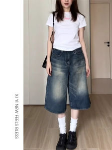 กางเกงขาสั้นผ้ายีนส์ทรงหลวมขาตรงสไตล์อเมริกันสำหรับผู้หญิงในฤดูร้อน กางเกงขายาวทรงตรงเอวสูง กางเกงขายาวทรงหลวม