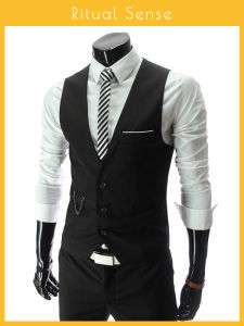 Black Slim Fit Waist-Cinching Vest Mens Cosplay Clothing Bartenders Suit Vest Fashionable Urban Style V-Neck Single Button