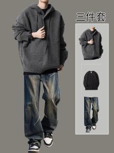 American Style Heavyweight Hoodie Sweatshirt Set for Men Casual Sportswear Long Sleeve Jeans Autumn Winter Fashionable