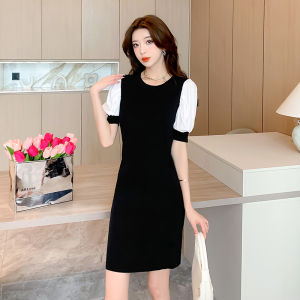 LUCKIN STORE Dress for Women Hepburn Chiffon Short Sleeves Ice Silk Knitted Dress Womens Summer High Grade Black Fashion Dress
