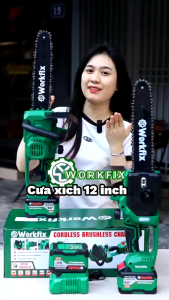 Máy cưa xích pin cỡ lớn 12inch Workfix CS12BL không chổi than kèm 2 pin lớn 15 cell 6.0Ah hàng chính hãng giá rẻ