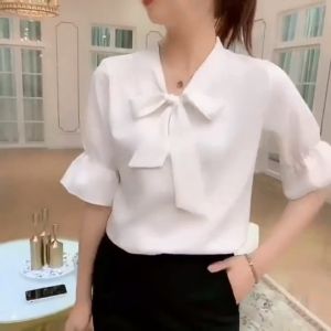 Korean Style Summer Short Sleeve Shirt For Women Lace Up Bow-knot Princess Sleeve Chiffon top