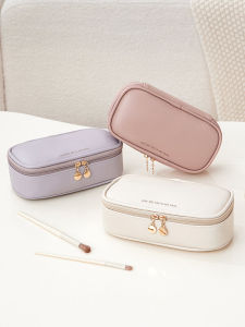 Portable Makeup Brush Bag Mini Travel Toiletry Pouch Cosmetic Storage Cube Shape Ladies PU Leather Solid Color Fashionable