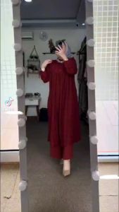 Kotak Set -One Set Wanita Long Tunik Cey Yarndyed Premium Setelan Wanita Kekinian Ruffle Lengan Panjang Andalusia Royal Tunik  LD 110 cm