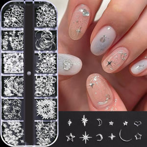 12Grids 3D Silver Star Moon Sun Nail Charms Mixed Y2K Starlight Rivet Nails Art Decoration Metallic Pentagram Manicure Accessory