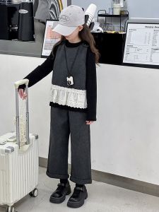 MPW | Girls Outfit Korean Style Lace Vest Loose Three Piece Set Spring Autumn New Arrival Baby Trendy Warmth Function Pure Color Pattern
