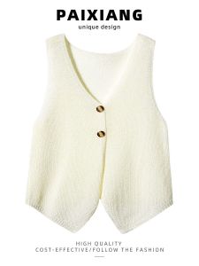 French Sweet Knitted Asymmetrical Workwear Vest Womens Short Fit Tank Top Outerwear Summer 2025 Fashion V-neck Buttoned Backless