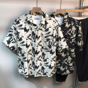 Retro Cotton Linen Dyed Short Sleeve Mens Shirt Summer New Style Japanese High-End Feel Cool Printed Fashionable Casual Shirt