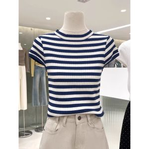 Korean Style Blue Striped round Neck Short Sleeve Ice Silk Knitted Shirt Women Summer Slimming Versatile Shoulder Level Top