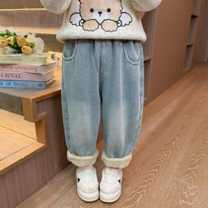 Thickened Fleece Lined Winter Denim Jeans for Kids Boys And Girls One-Piece Velvet Warm Trousers Casual Loose Fit Natural Waist