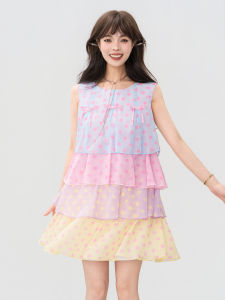 KEIKO | Đầm Ngắn Không T Tay Hình Chấm Bi Phong Cách Kem Ăn
