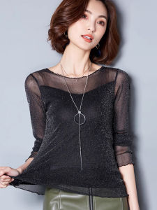 เสื้อยืดแขนยาวผ้าตาข่ายลูกไม้สีดำ แฟชั่นฤดูใบไม้ร่วง 2025 ใหม่ เสื้อชั้นในผู้หญิง เสื้อชั้นในสไตล์เกาหลี ทรงสลิมฟิต ปกติ