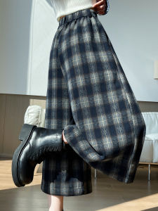 กางเกงขายาวทรงหลวมเอวสูงลายสก็อตสีน้ำเงินเข้มสำหรับผู้หญิง กางเกงขายาวทรงตรงลำลองฤดูใบไม้ร่วง/ฤดูหนาว กางเกงขายาวทรงขากระบอกสั้นสำหรับผู้หญิง