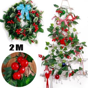 2เมตรประดิษฐ์ฮอลลี่ใบสีแดงเบอร์รี่เถาคริสต์มาสหวาย DIY พวงมาลัยคริสต์มาสต้นไม้แขวนเครื่องประดับตกแต่งบ้านพวงหรีด