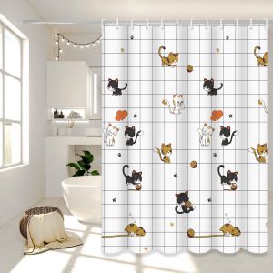 Naughty Cat Illustration Shower Curtain Home Aesthetic Bathroom Partition Curtain Internet Celebrity Style Bathroom Decoration Essential