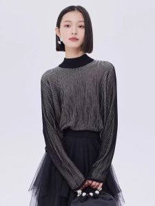 Shuen Womens Loose Long Sleeve Knitted Top Half High Collar Texture Splicing Short Black Color Block Commute Style Spring Autumn